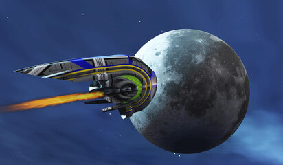 Spaceship visits the Moon - An unusual spaceship visits the Earth's moon on its journey.