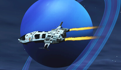 Starcraft visits Neptune Planet - A starship visits the planet of Neptune with its faint ring system.