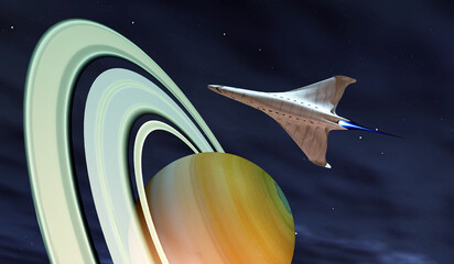 Spaceship to Saturn Planet - A spaceship from Earth visits the planet Saturn with its ring system.