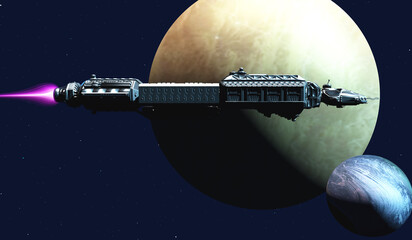 Starship Athena - A spacecraft flies near an exoplanet and its moon outside our solar system.