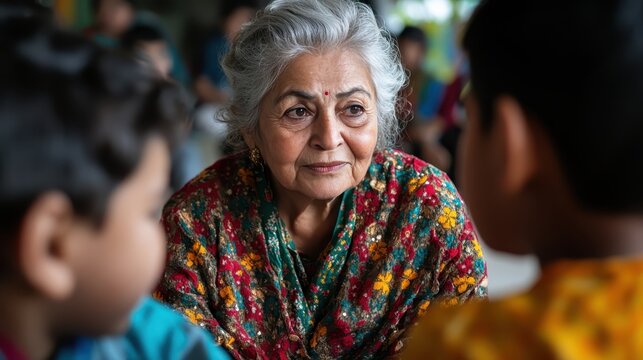 An elderly woman with silver hair engages deeply with two children, illustrating the profound connection between generations through listening and shared stories.