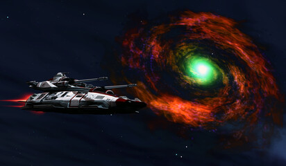 Supernova with Spaceship - A starship battleship passes by a supernova explosion out in space.
