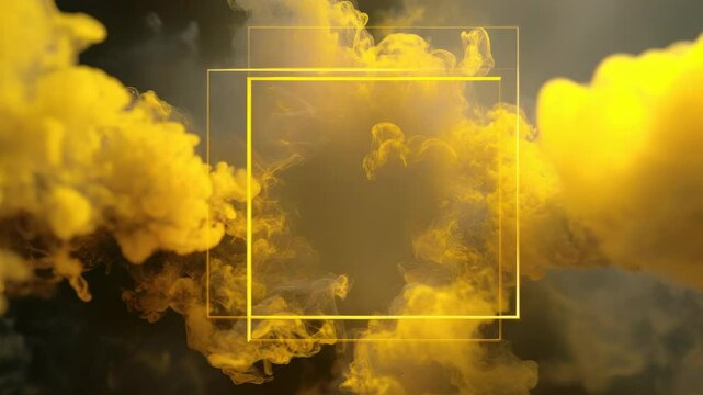 Bright yellow smoke swirls around illuminated geometric square frames on a dark backdrop, creating a dynamic and energetic abstract concept