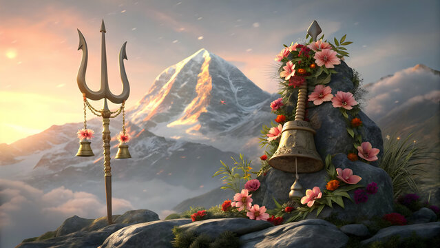 Mahadev trishul with damru in mountains decorated with flowers 