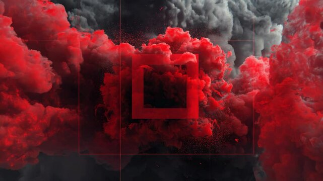 Dynamic red smoke explosion surrounded by dark clouds with a transparent square overlay on a dramatic background, symbolizing power and energy