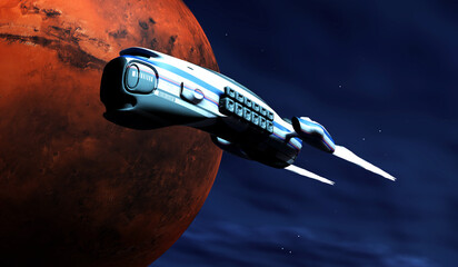 Visiting Mars Planet - In the future a spaceship orbits the Mars planet in our solar system.