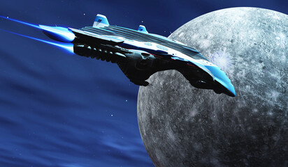 Starcruiser visits Mercury - The Mercury planet with a heavily cratered surface is visited by a spaceship from Earth.