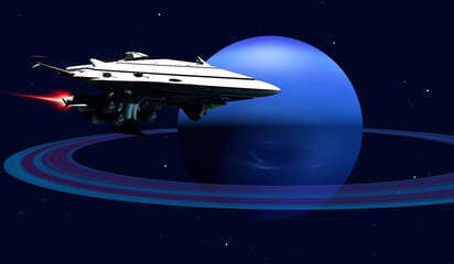 Voyage to Neptune - The Neptune planet with its faint rings is visited by a starship from Earth.