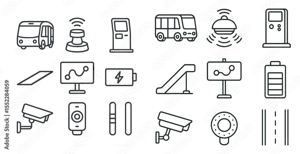 Poster collection of icons for various modes of transportation and public services. the icons include a bus
