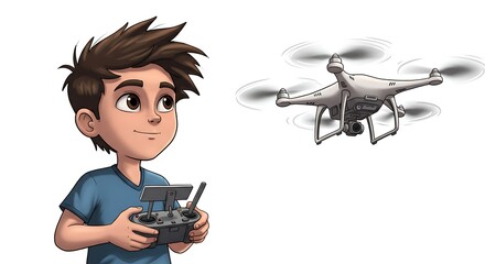 Cartoon of a boy flying a remote-control drone, focused expression, controller in hands with buttons and joysticks detailed