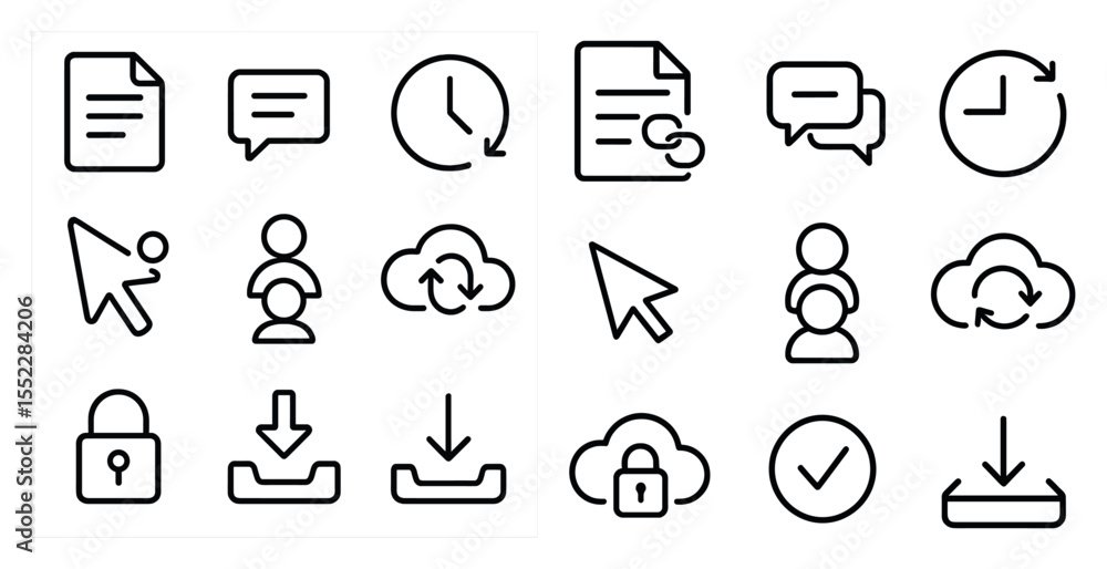 Poster set of icons for a computer program. the icons include a clock, a download button, a download progre