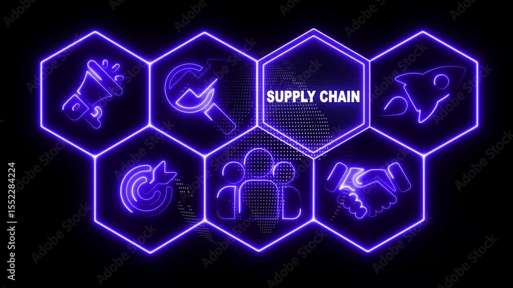 Poster neon sign supply chain business concept animation on abstract technology background with rotating wo