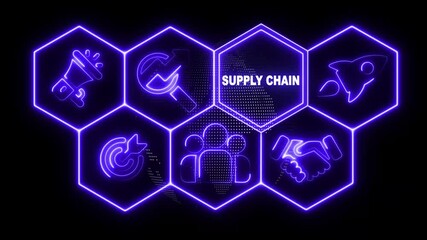 Neon sign Supply Chain business concept animation on abstract technology background with rotating world map icon