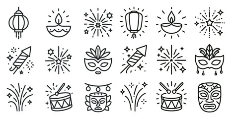 Set of black and white icons that represent various celebrations and festivities. The icons include a drum, a mask, a lantern, and a firework. Scene is celebratory and festive
