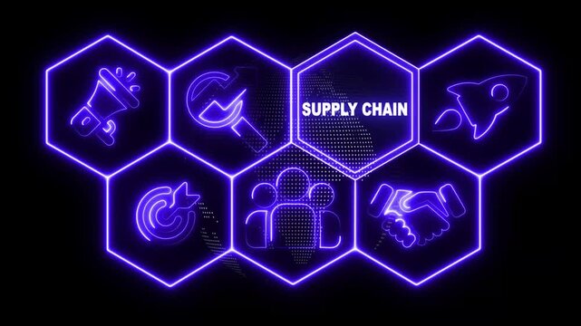 Neon sign Supply Chain business concept animation on abstract technology background with rotating world map icon