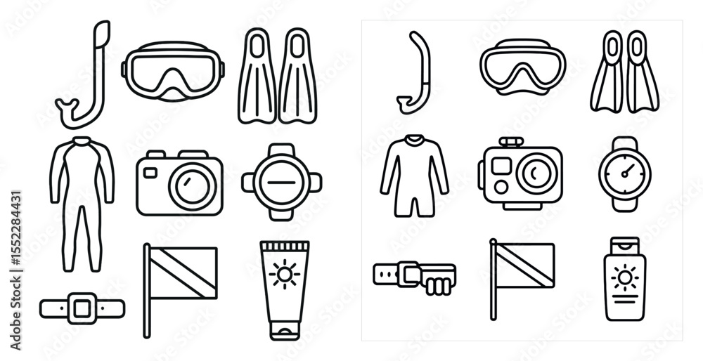 Poster the image is of a collection of items related to water sports and diving. the items include a flag, 
