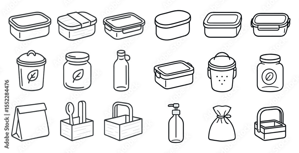 Poster set of containers and utensils for food storage. the containers are of various sizes and shapes, and