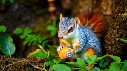 Adorable Squirrel Holding Orange Fruit in Lush Green Forest Setting