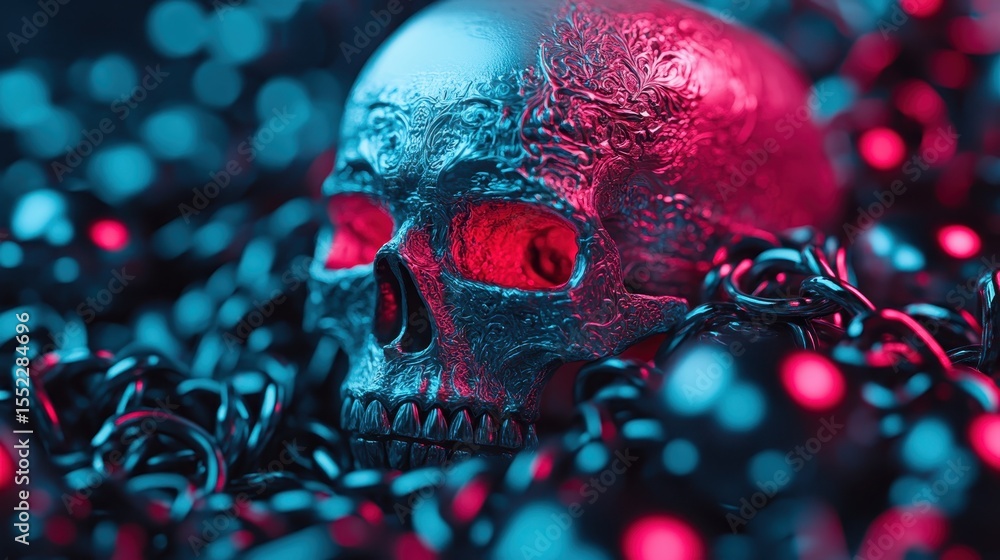 Aufkleber an artistic representation of a skull adorned with intricate patterns, illuminated by vivid red and 