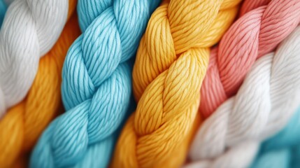 A close-up view of beautifully twisted yarn in vibrant colors such as blue, orange, pink, and white, ideal for knitting, crocheting, and crafting activities.