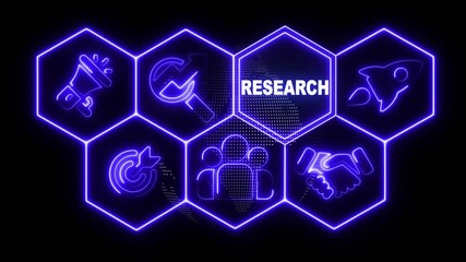 Neon sign Research button on a clear projection screen on abstract technology background with rotating world map icon,