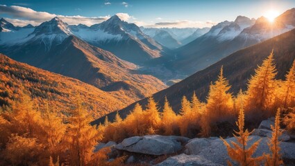 Amazing autumn view on mountain with sunlit larches on foreground.