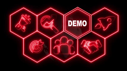 Glowing neon line Business Demo concept animation on abstract technology background with rotating world map icon. - Powered by Adobe