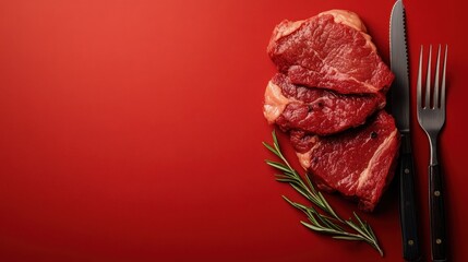 Raw, fresh meat cuts are displayed on a bold red background, emphasizing their rich color and quality, highlighting culinary possibilities for chefs and food lovers alike.