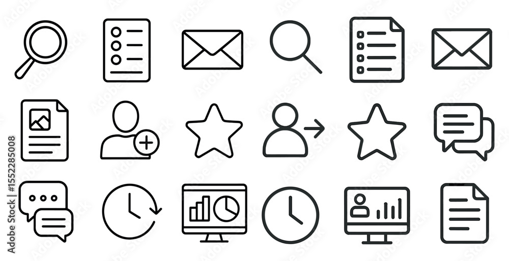 Poster collection of icons for various apps and websites. the icons include a star, a clock, a magnifying g