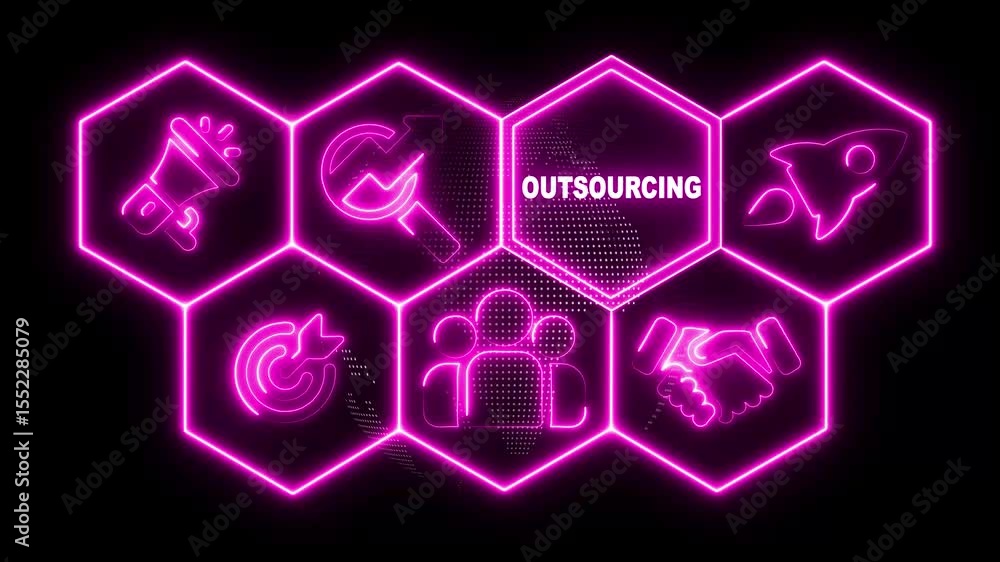 Poster glowing neon sign business outsourcing concept animated on abstract technology background with rotat