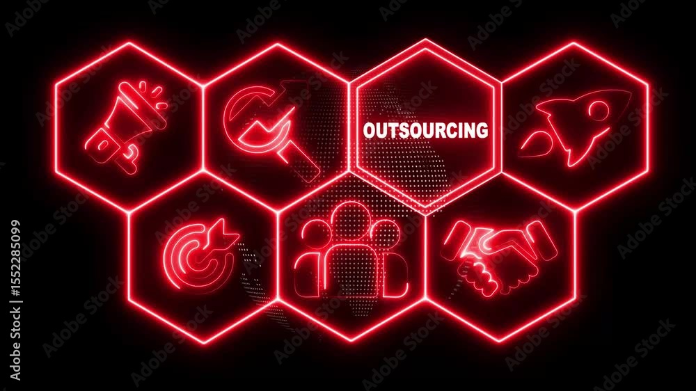 Poster glowing neon sign business outsourcing concept animated on abstract technology background with rotat