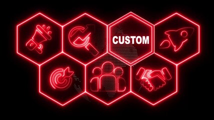 Neon sign Business Customs concept animation on abstract technology background with rotating world map icon,