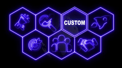 Neon sign Business Customs concept animation on abstract technology background with rotating world map icon,