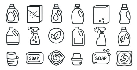 Set of cleaning supplies including a bottle of soap. The image is in black and white and features a variety of items such as a bottle of soap, a bottle of detergent, and a bottle of spray