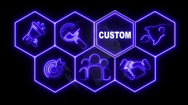 Neon sign Business Customs concept animation on abstract technology background with rotating world map icon,