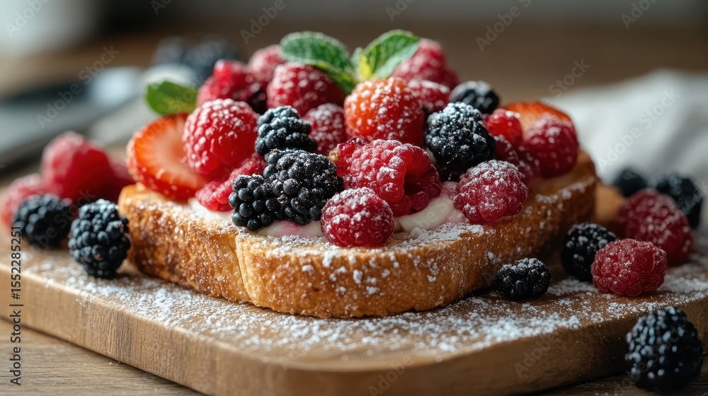 Poster a visually appealing close-up of a delightful toast generously topped with fresh strawberries, raspb
