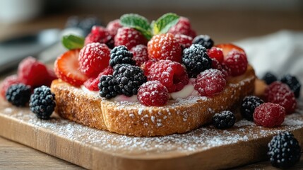 A visually appealing close-up of a delightful toast generously topped with fresh strawberries, raspberries, blackberries, and a sprinkle of powdered sugar, ideal for culinary enjoyment.