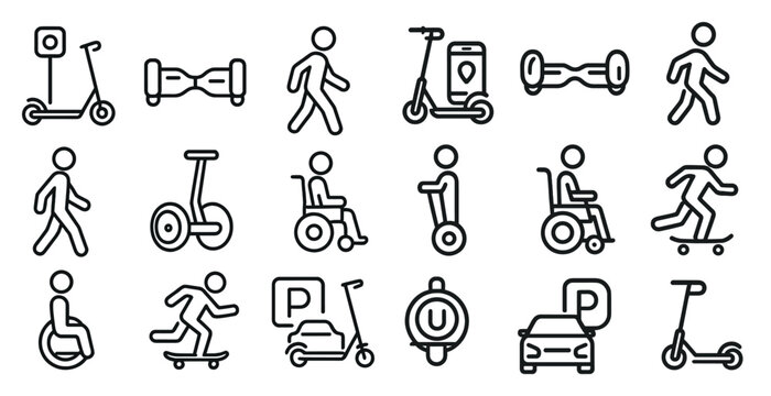 Series of black and white icons of people riding various types of scooters and wheelchairs. Scene is one of mobility and independence