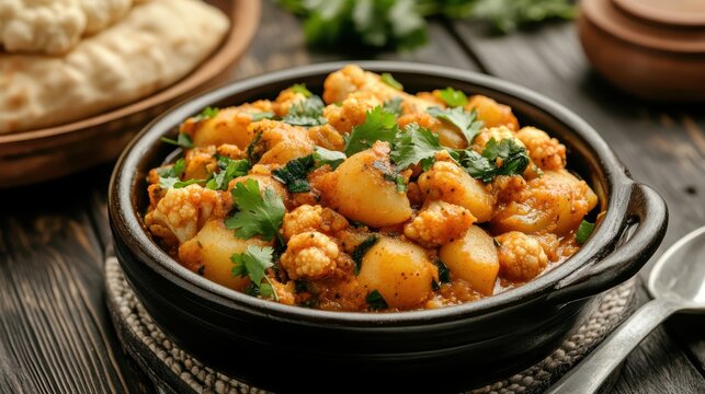 A vibrant bowl of aloo gobi curry showcases perfectly cooked potatoes and cauliflower, enriched with spices and topped with fresh cilantro for a mouthwatering appeal.