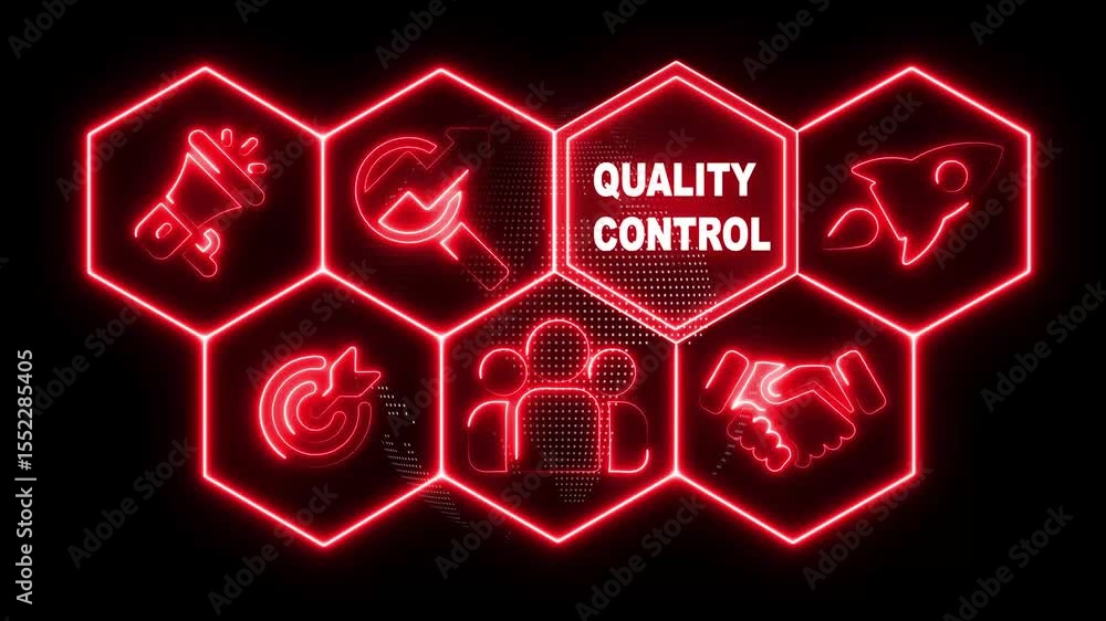 Poster glowing neon line business quality control concept. abstract technology background with rotating wor