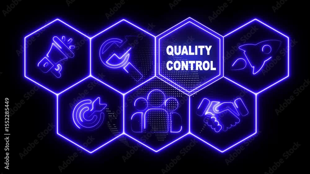 Poster glowing neon line business quality control concept. abstract technology background with rotating wor