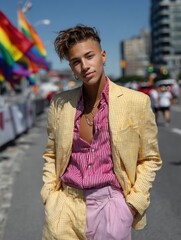 Young person with short curly hair dressed in colorful casual clothes standing outdoors on city street during daytime