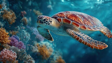 Obraz premium Majestic sea turtle in a vibrant coral reef environment