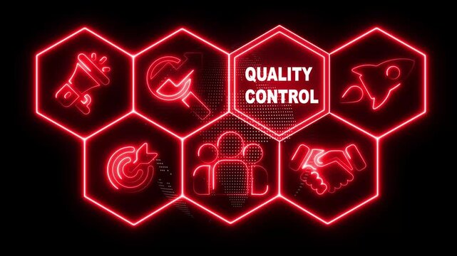 Glowing neon line Business Quality Control concept. abstract technology background with rotating world map icon