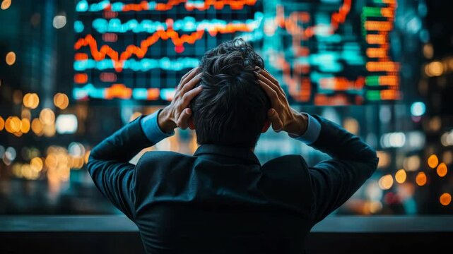 Man in suit holding head in frustration while watching falling stock prices on a digital screen, photographed in a city at night, concept of financial crisis
