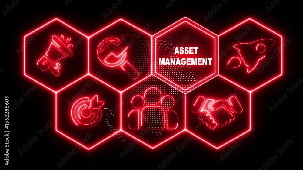 Poster neon line asset management business concept from a black display with hexagon shapes and symbols. ab