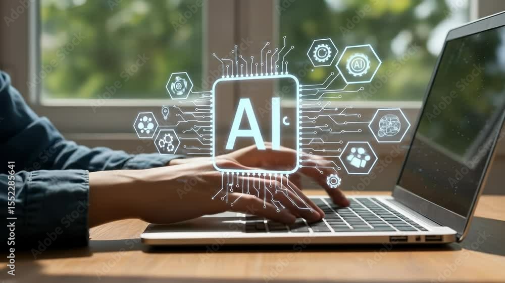 Poster ai-powered productivity: typing on laptop with artificial intelligence, machine learning & tech icon