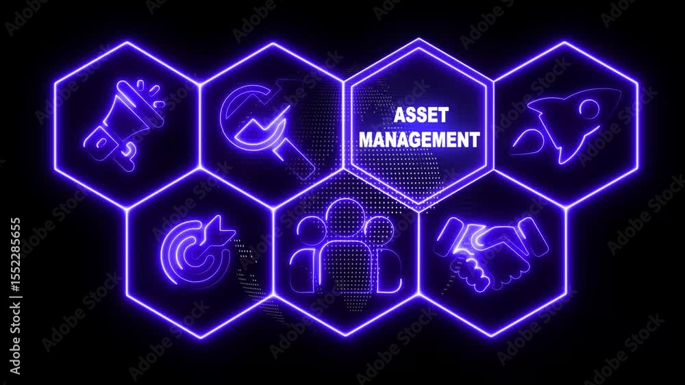 Poster neon line asset management business concept from a black display with hexagon shapes and symbols. ab