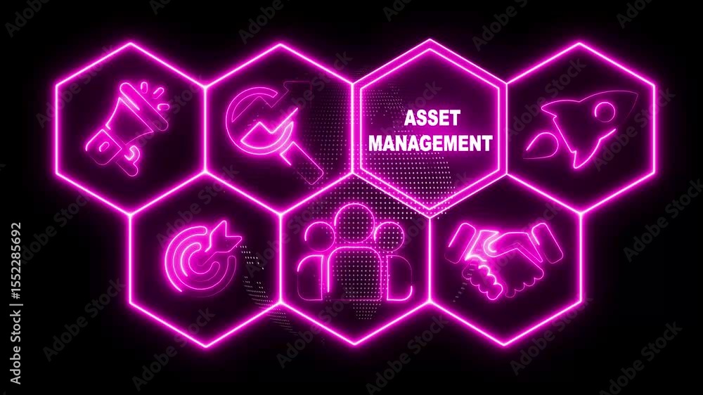 Poster neon line asset management business concept from a black display with hexagon shapes and symbols. ab