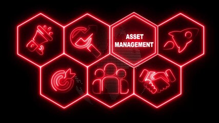 Neon line Asset Management business concept from a black display with hexagon shapes and symbols. abstract technology background with rotating world map icon, Business, Technology, Internet, network